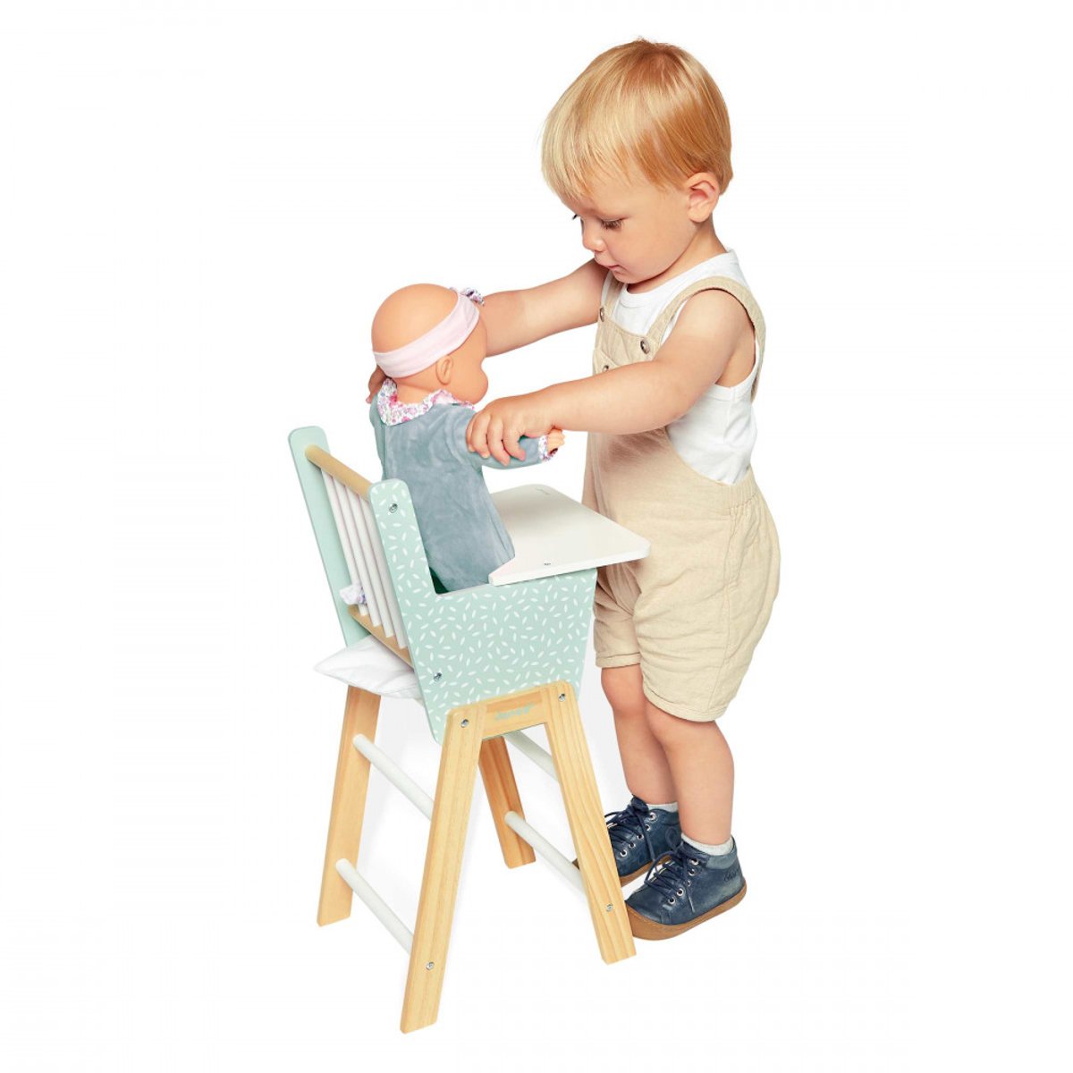 Chaise haute en bois Zen pour poupée vert d'eau, blanc, bois, JANOD