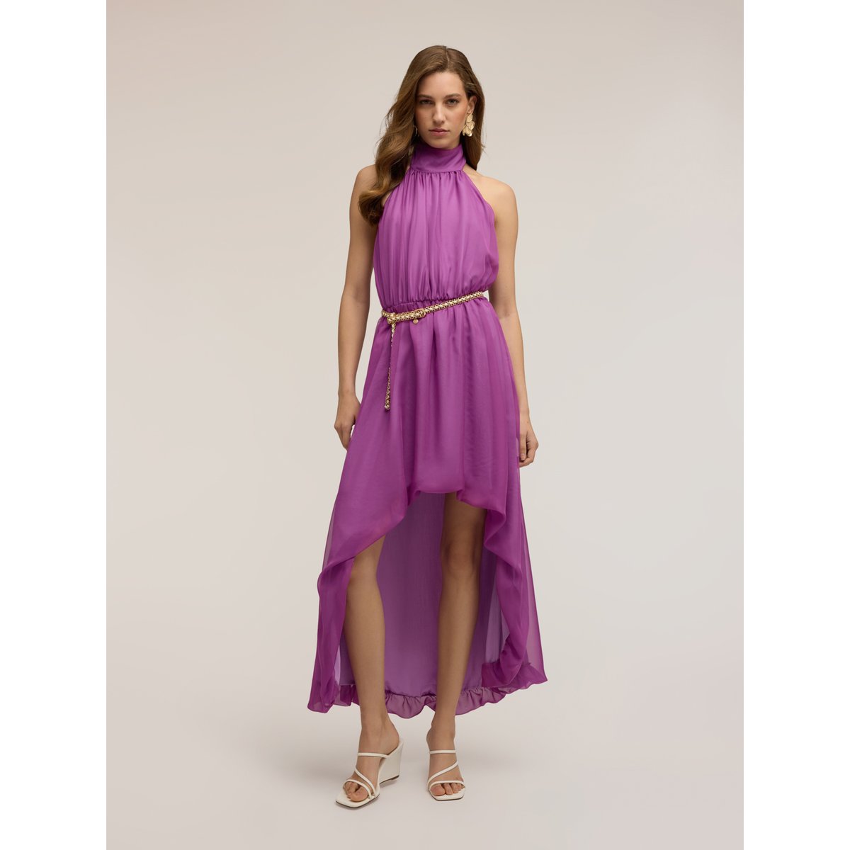 Robe longue asymétrique dos nu violet, MOTIVI