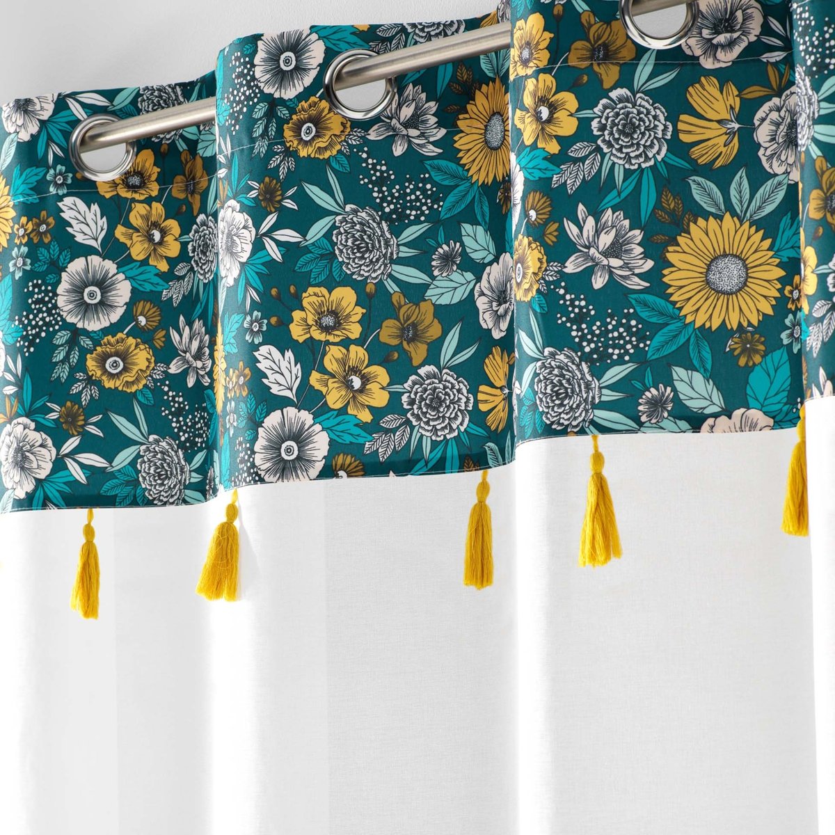 Voilage sablé imprimé floral bleu, DOUCEUR D'INTÉRIEUR