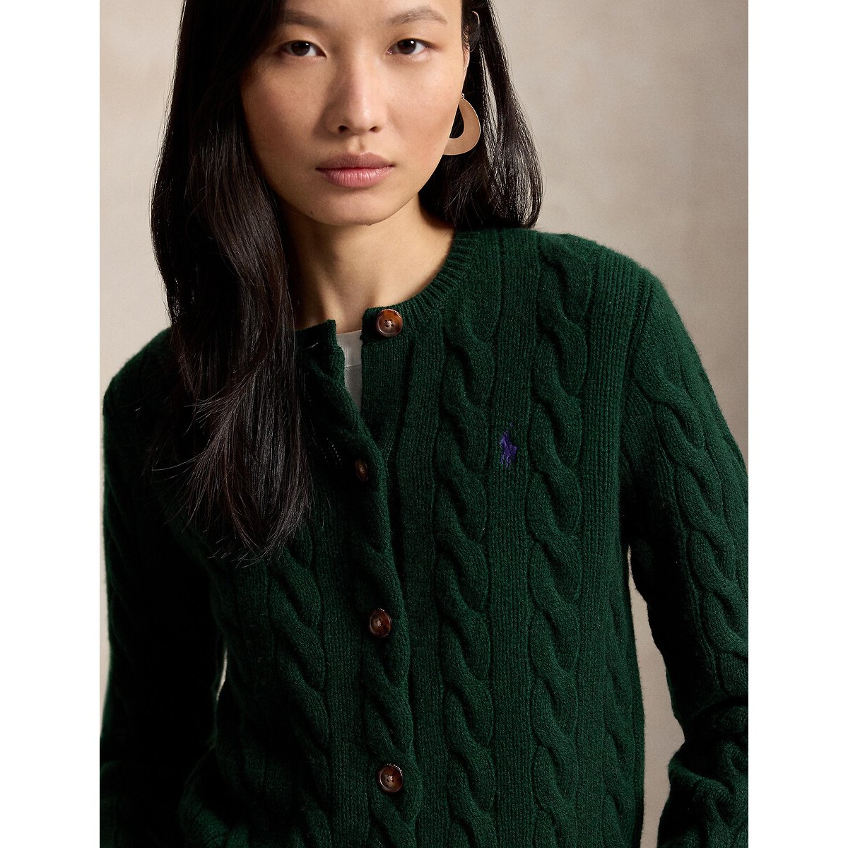 Cardigan col rond torsadé, 80% laine 20% cachemire vert foncé, POLO RALPH LAUREN