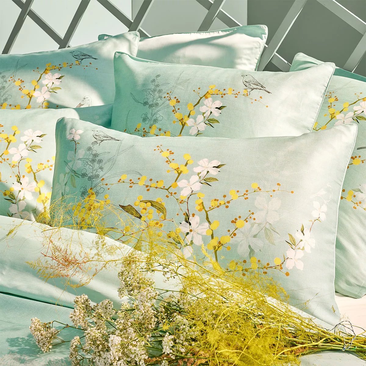 Taie d'oreiller satin de coton MIMOSAS D'ETE turquoise, GARNIER THIEBAUT