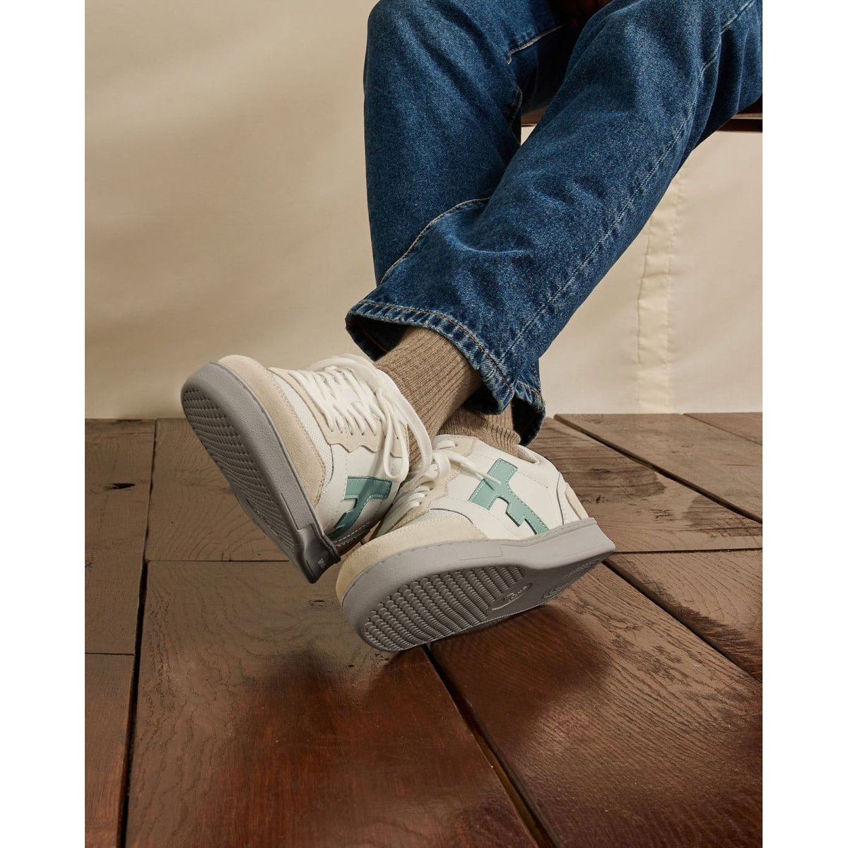 Baskets basses cuir suede HAZEL crème et bleu, FAGUO