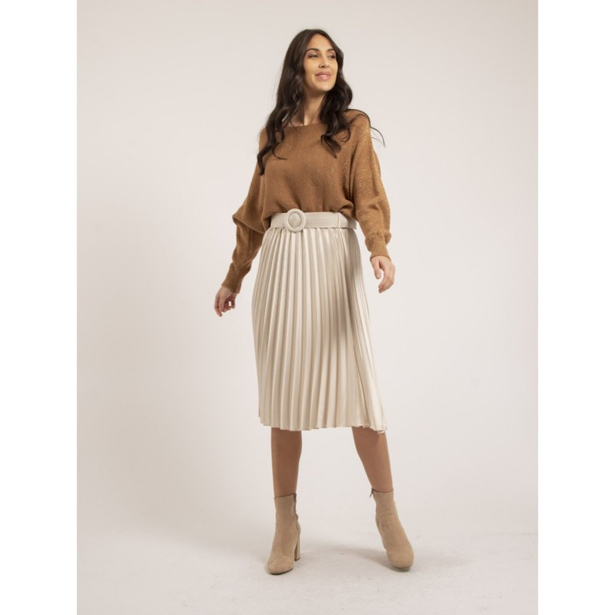 Jupe Mi-longue Plissée Satin Et Ceinture Xolia beige, DONA LISA