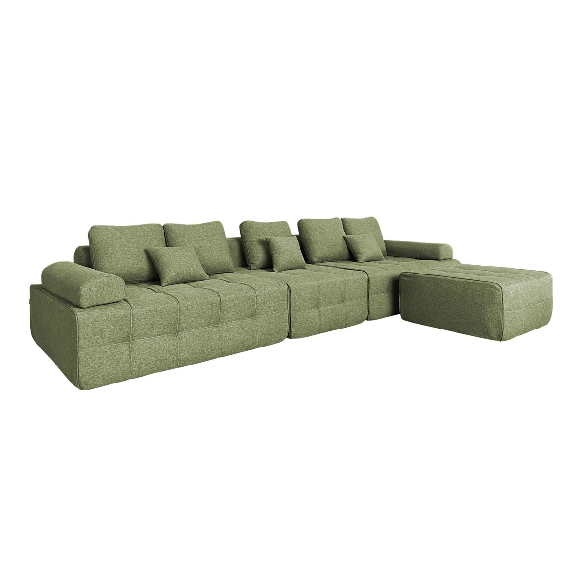 Canapé modulable compressé 5 places en tissu avec pouf et coussins, SNUGGY vert, OVIALA