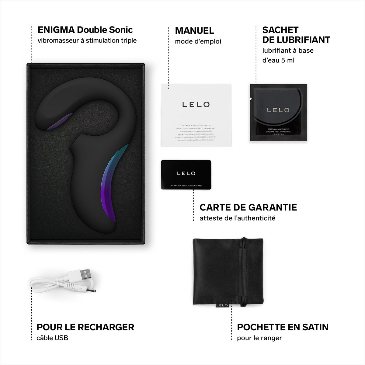Vibromasseur pour Femme à Stimulation Triple, ENIGMA Double Sonic black, LELO