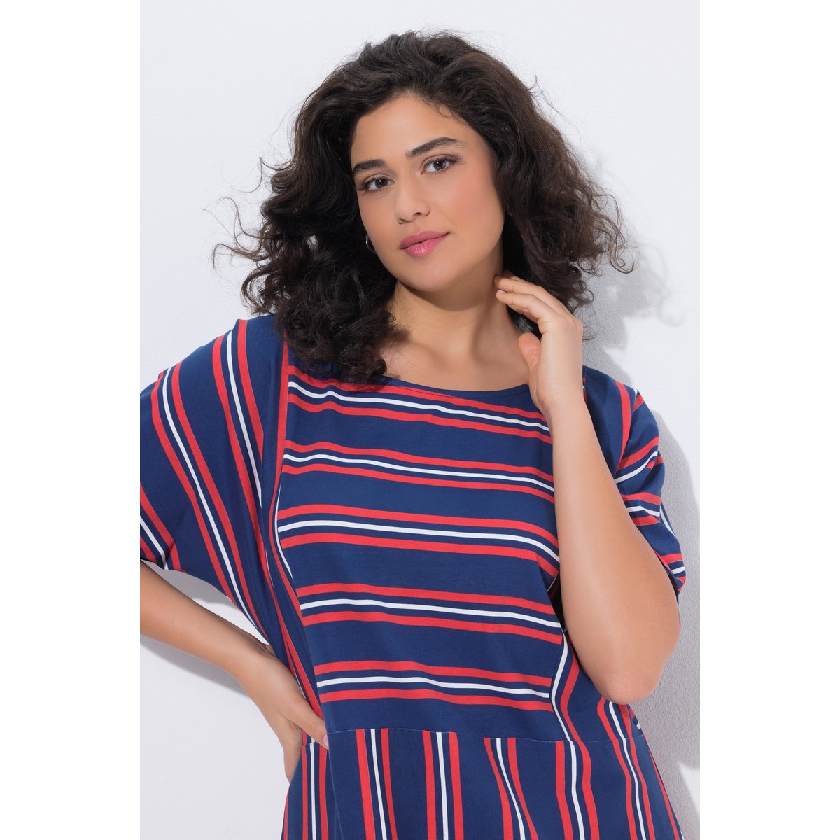 Robe midi en jersey rayé, poches corail, ULLA POPKEN