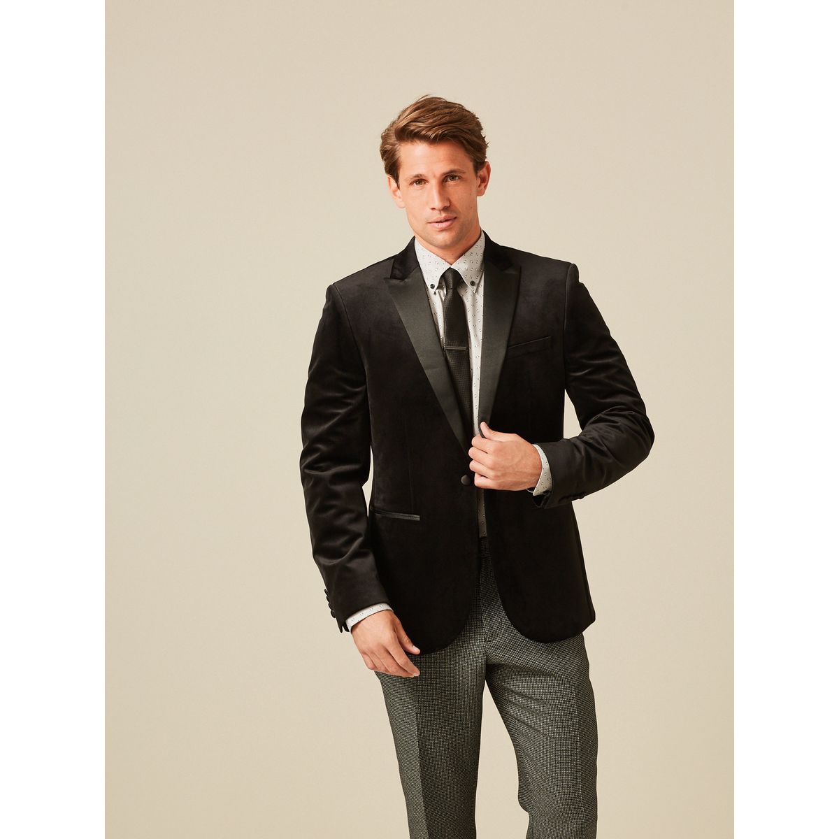 Blazer slim en velours noir, NEXT