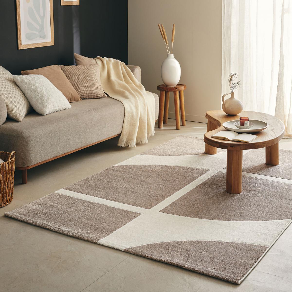 Tapis salon et chambre tissé motif géométrique ECHO écru, beige, UN AMOUR DE TAPIS
