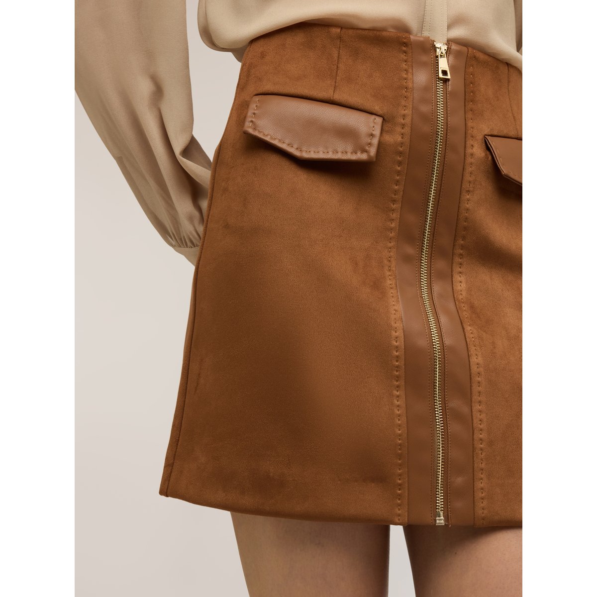 Mini-jupe ligne A avec zip marron, MOTIVI