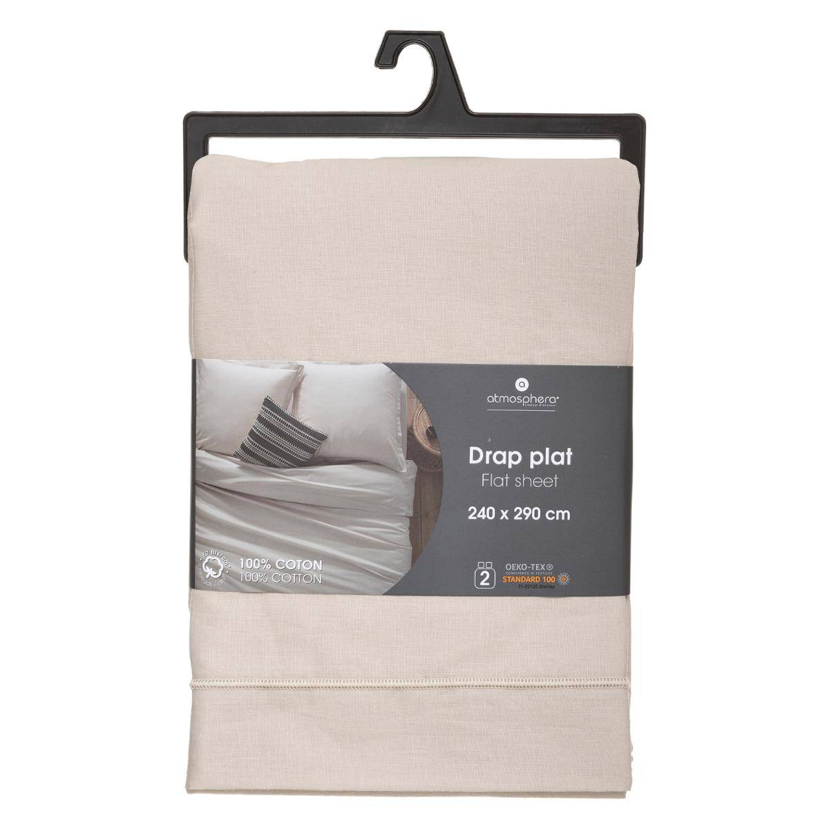 Drap plat 100% coton CARINA beige lin, ATMOSPHERA