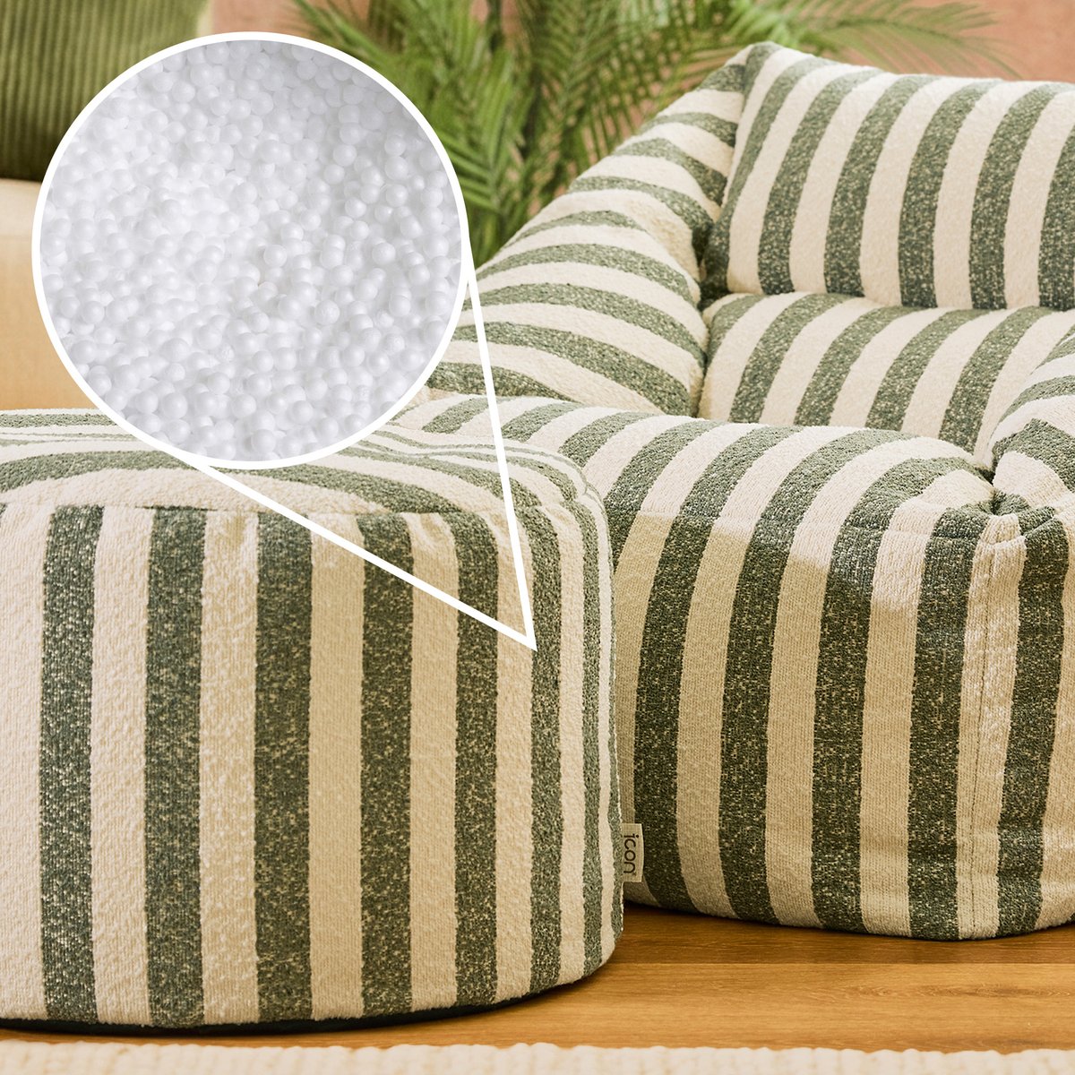 Pouf fauteuil et son repose-pied rond en bouclette rayée Oeko-Tex® - NATALIA vert olive, ICON