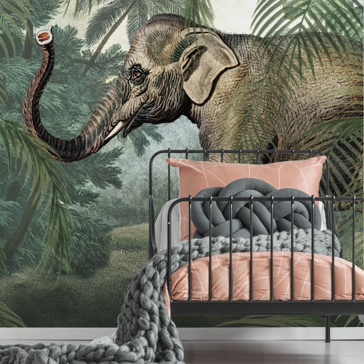Papier peint panoramique Eléphant vert, marron grisé, ART FOR THE HOME