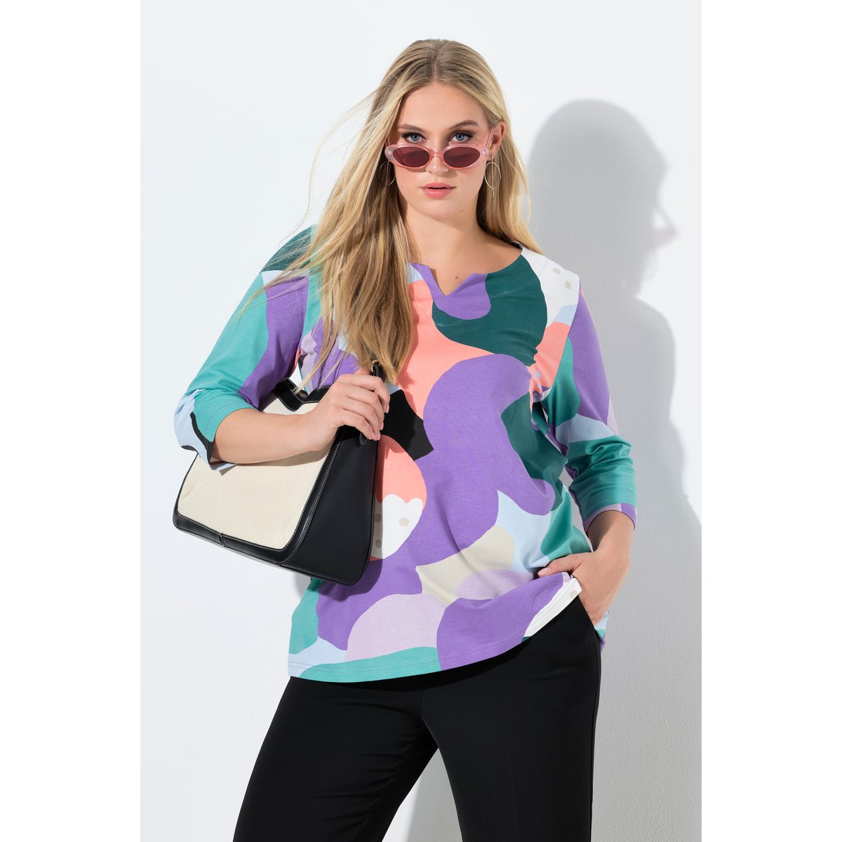 T-shirt col tunisien et manches 3/4 violet, ULLA POPKEN