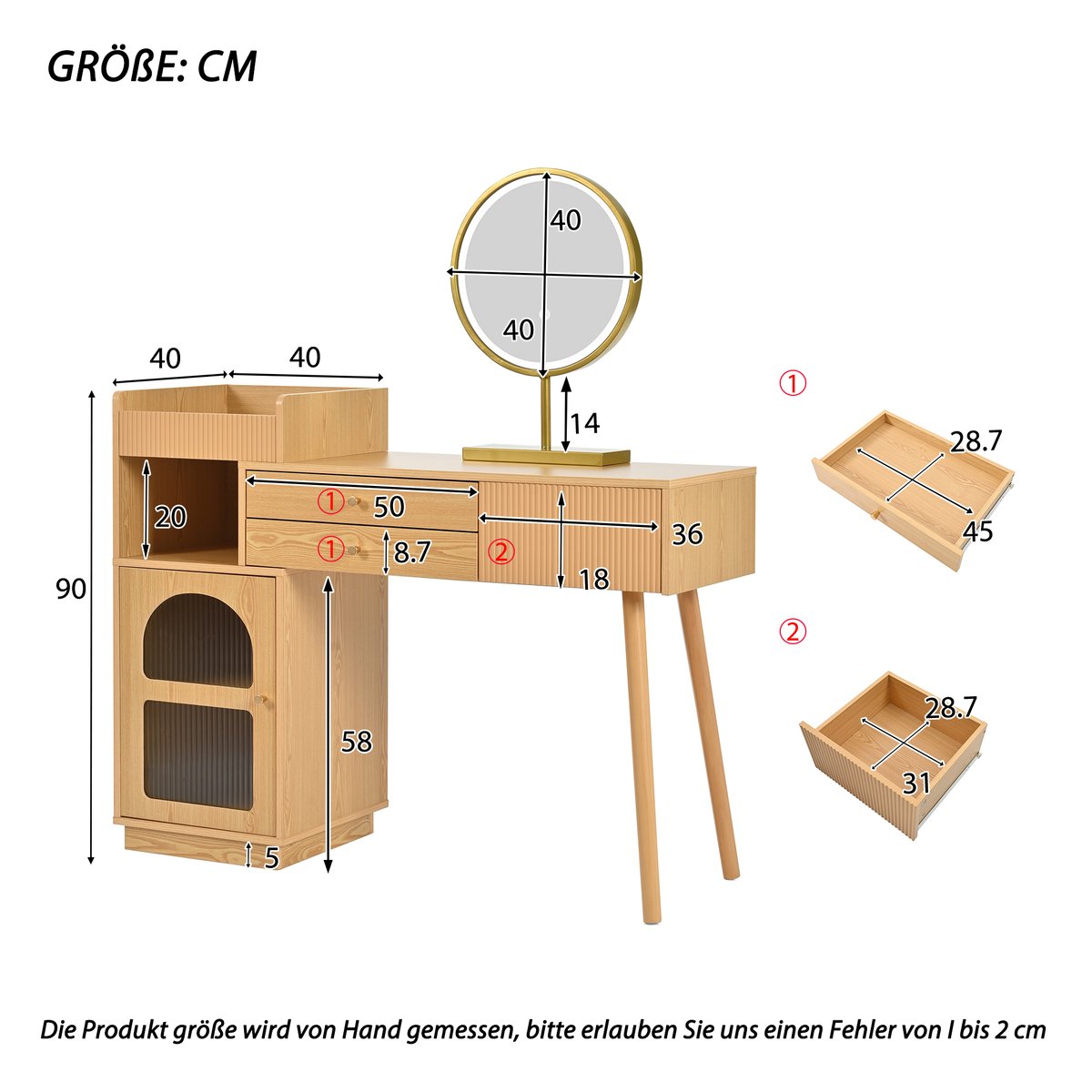 Coiffeuse table de maquillage avec 2 tiroirs 1 porte et 2 niches scandinave, ULTRAC chêne, MEUBLES COSY
