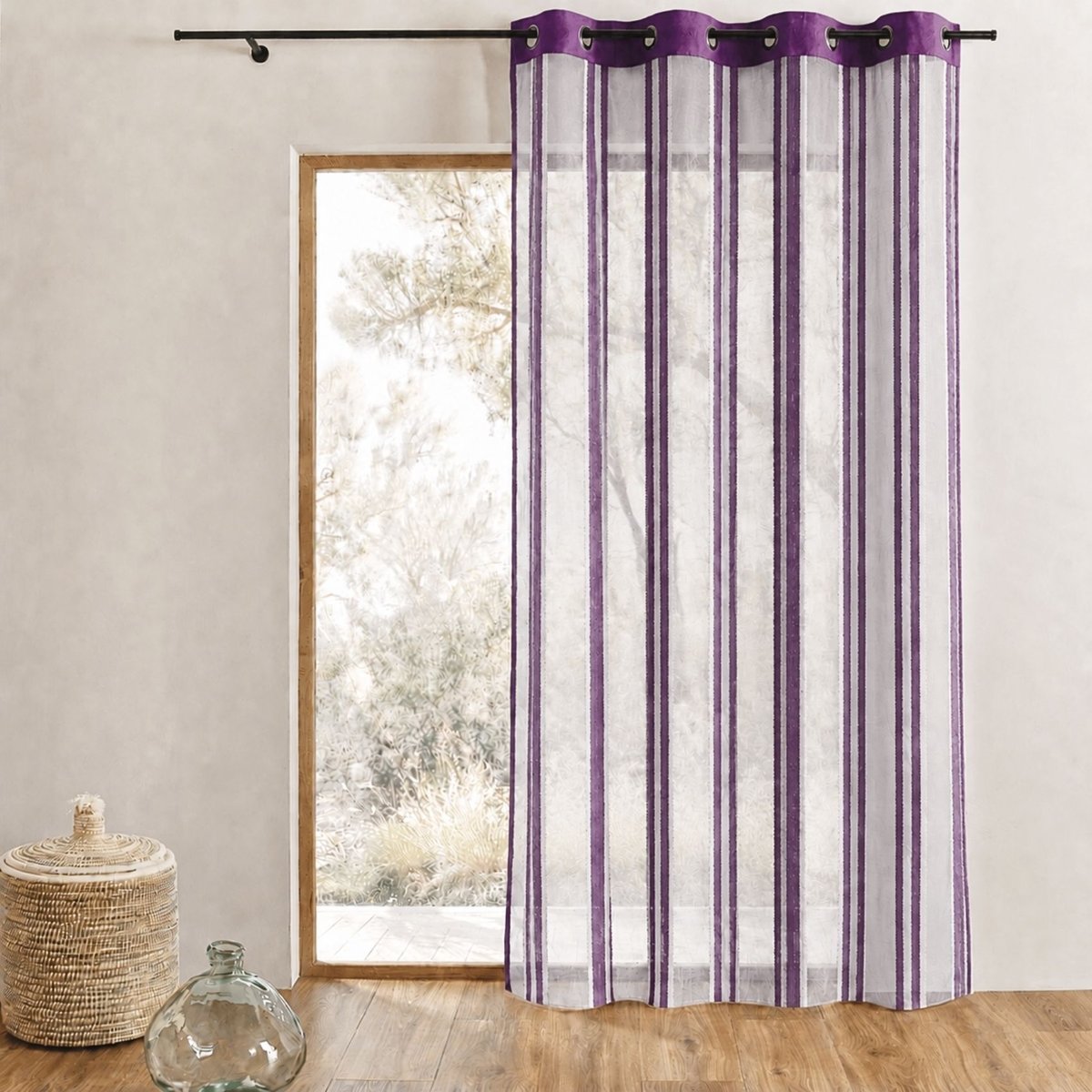 Voilage organza transparent à rayures verticales prune, HOME MAISON