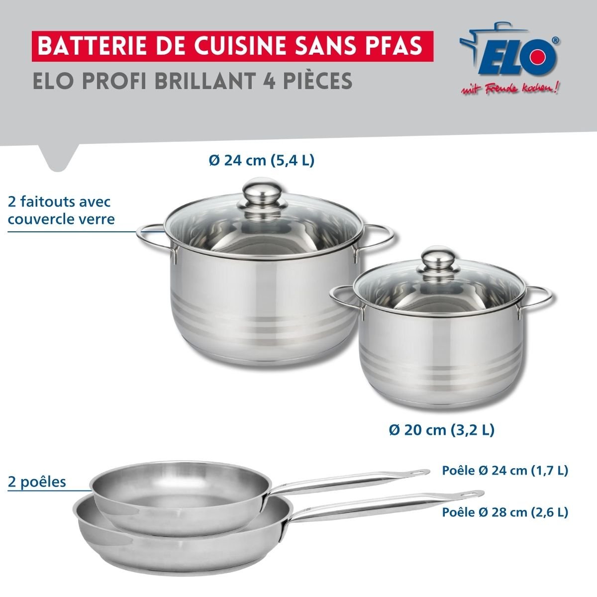 Batterie 2 poêles 24/28cm + 2 faitouts 20/24cm PROFI BRILLANT gris, ELO