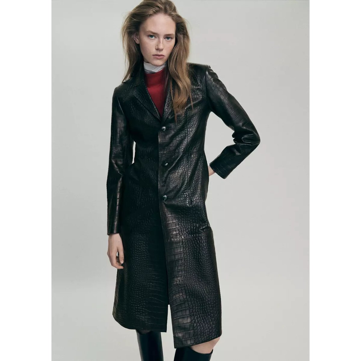 Manteau cuir effet croco marron, MANGO