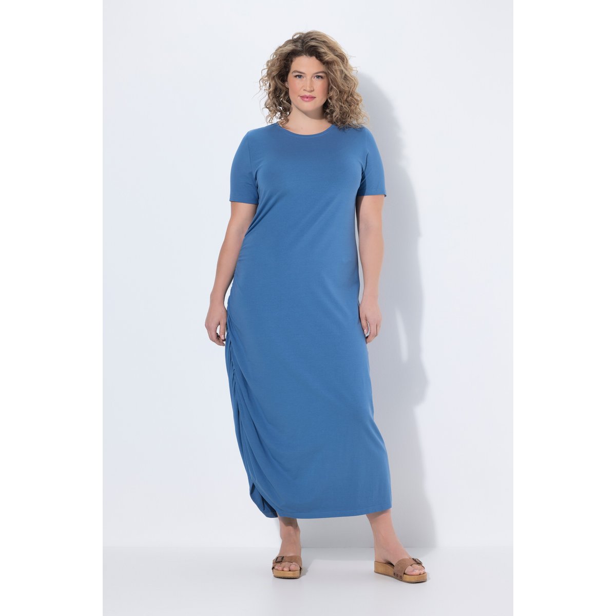 Robe maxi en coton bio, effet drapé bleu jean, ULLA POPKEN