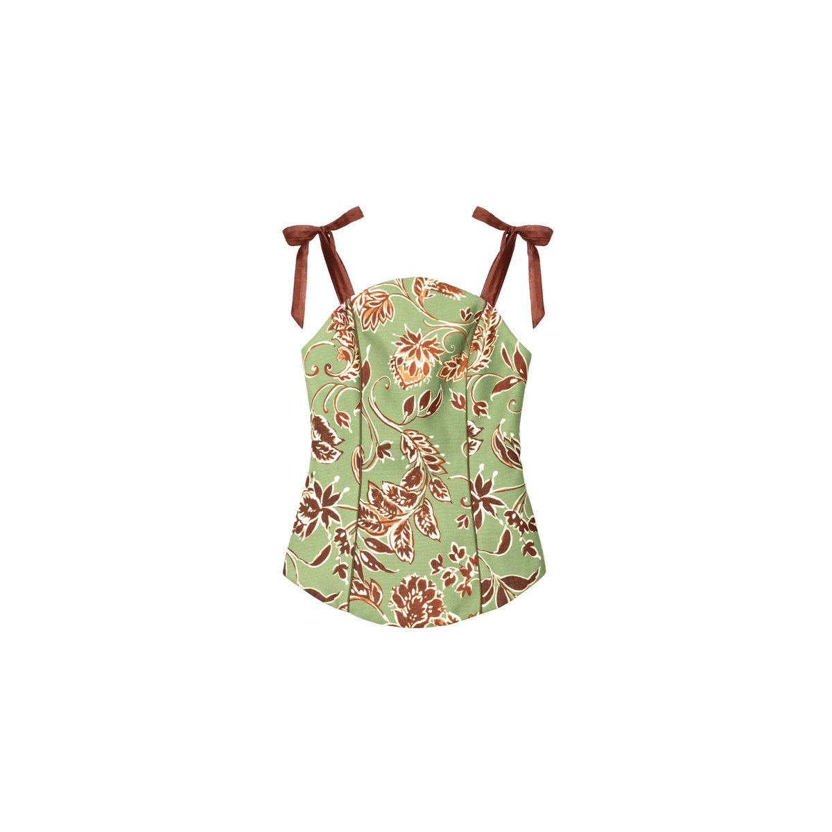 Top bustier imprimé à volants et passepoils vert, THE-ARE
