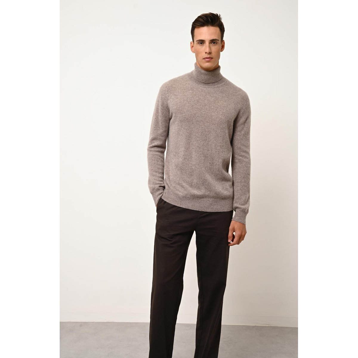 Pull Col Roulé Caribou Chiné Connor marron clair, JUST CASHMERE