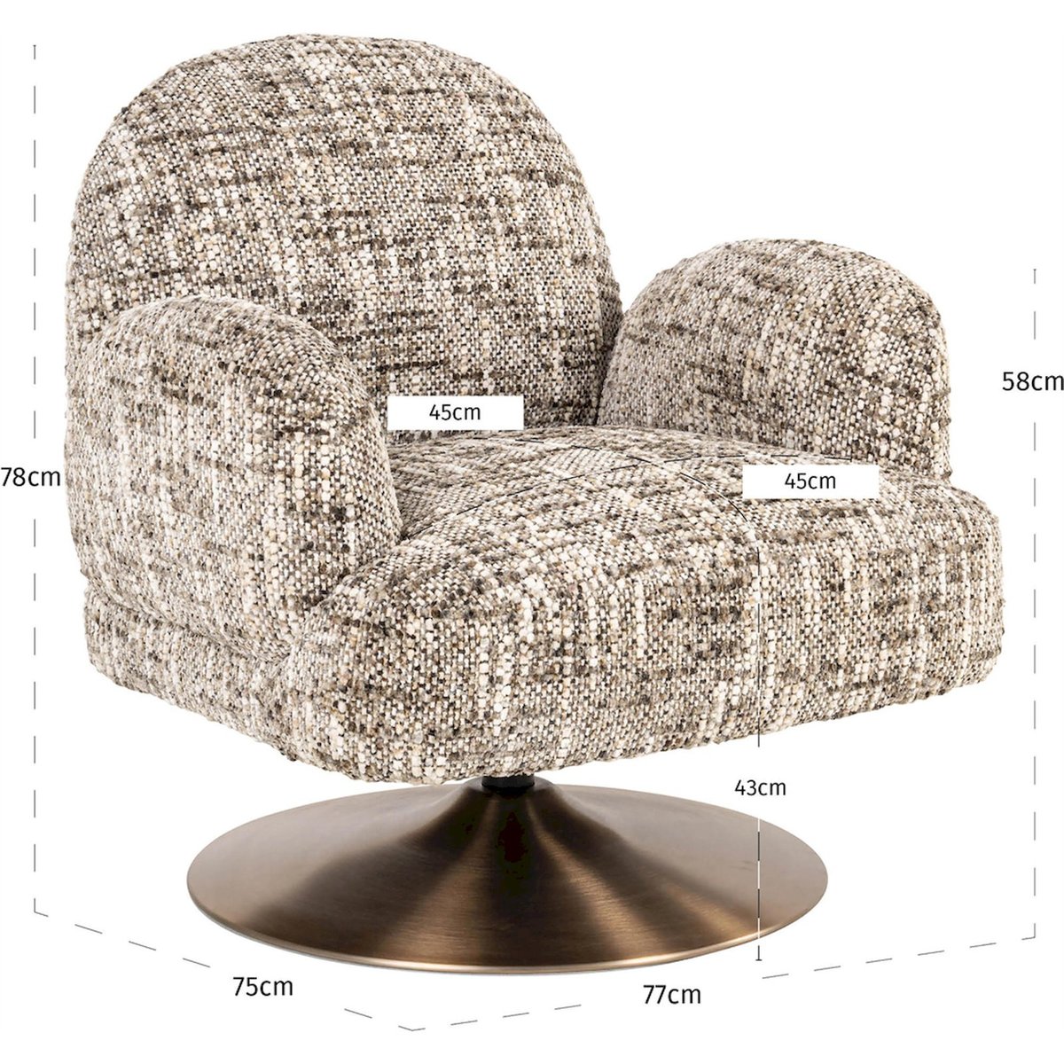 Fauteuil lounge pivotant en polyester marron chiné effet tweed omara, RECOLLECTION