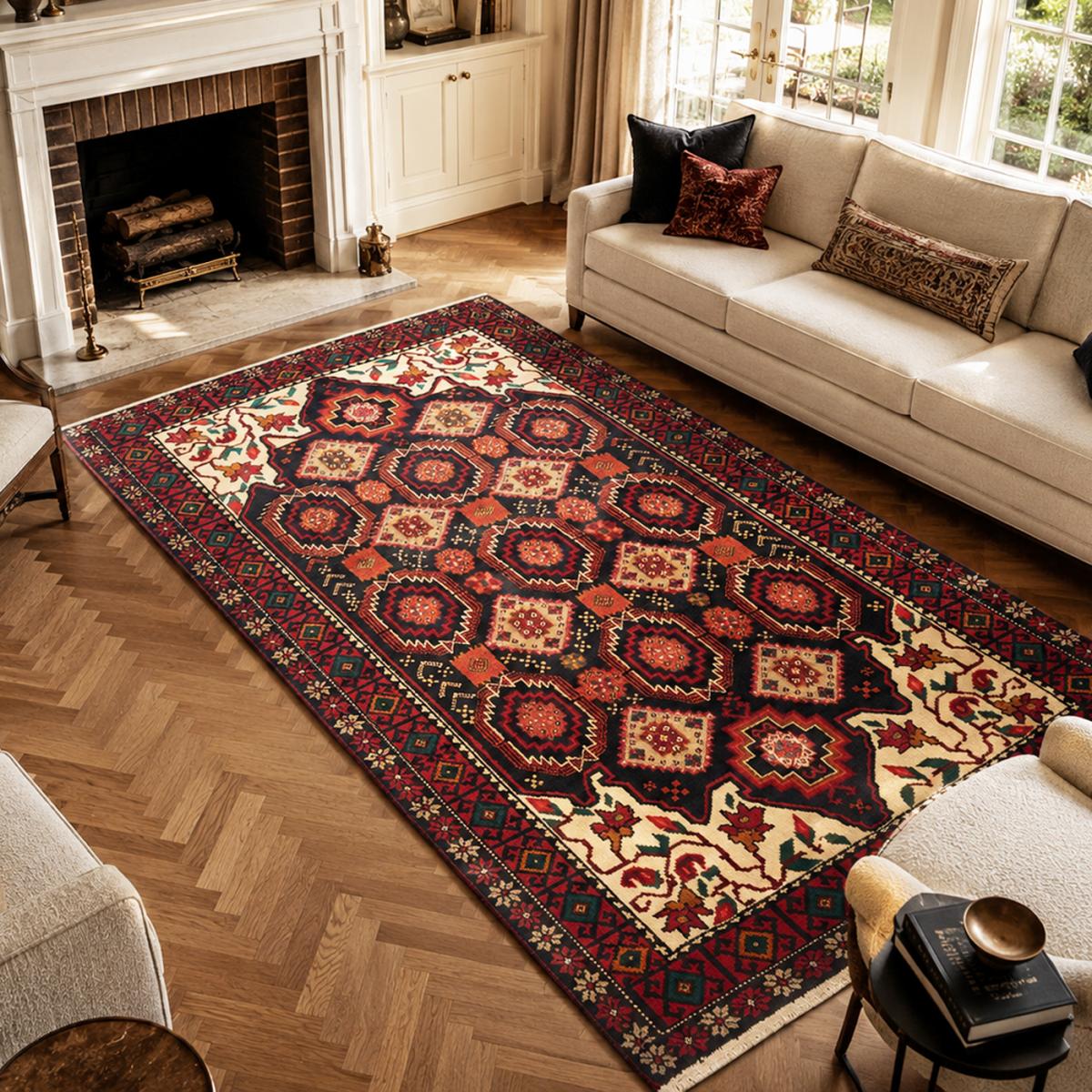 Tapis d'orient, motif oriental artisanal, noué main, BALUTSCH 4 multicolore, beige, bordeaux, UN AMOUR DE TAPIS