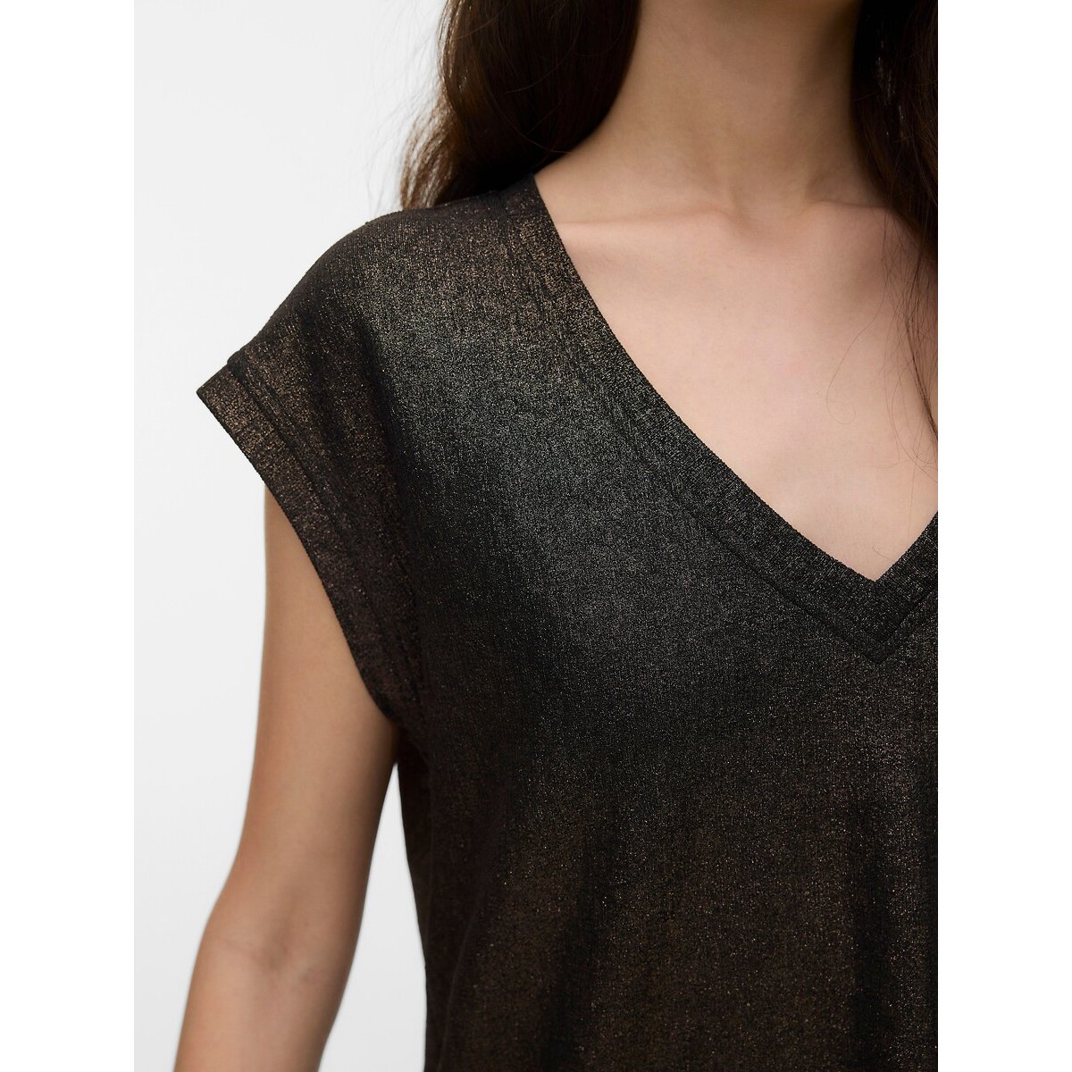 T-shirt manches courtes, col V, à paillettes marron chocolat, VERO MODA
