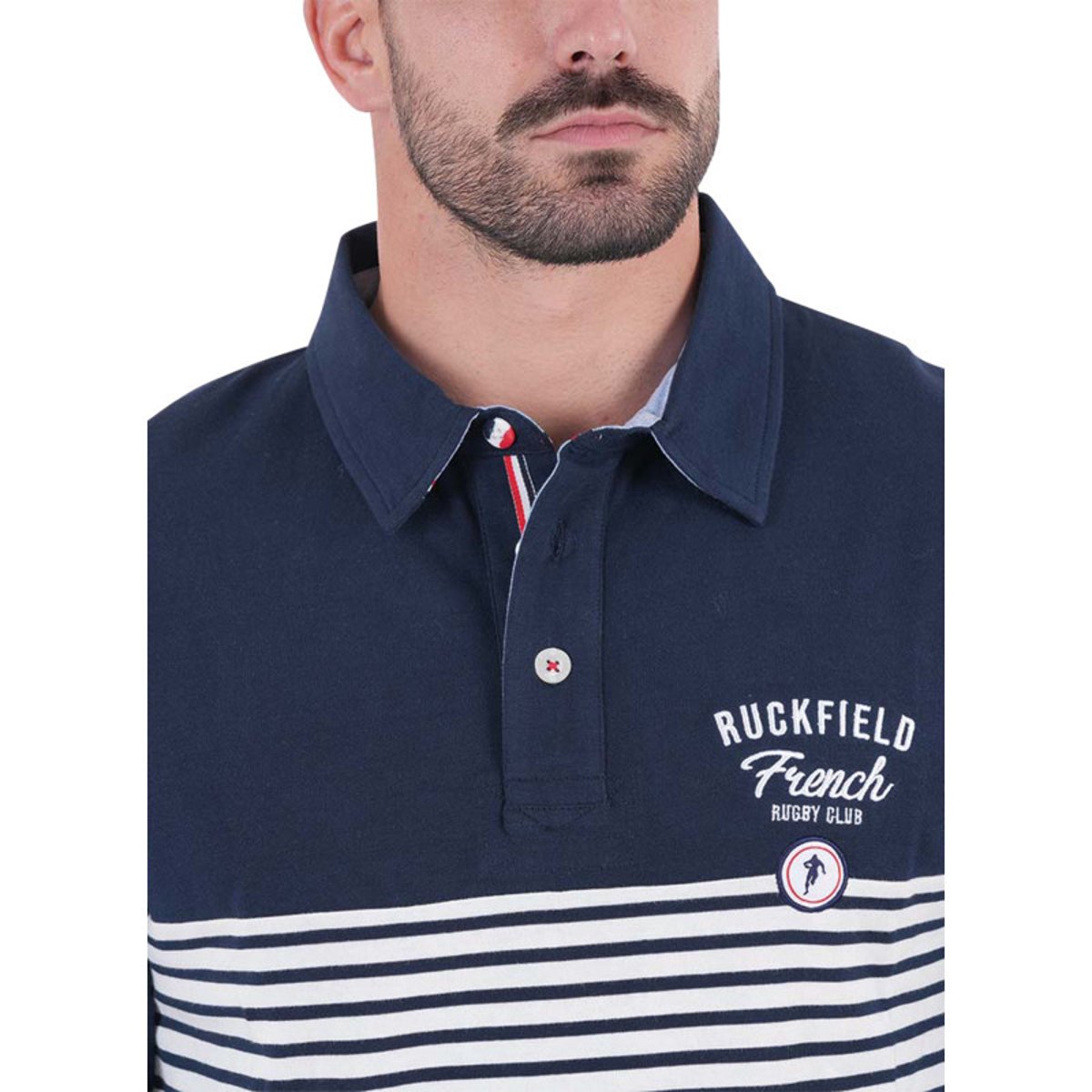 Polo en coton biologique marine rayé avec un col à revers et une coupe droite marine, RUCKFIELD