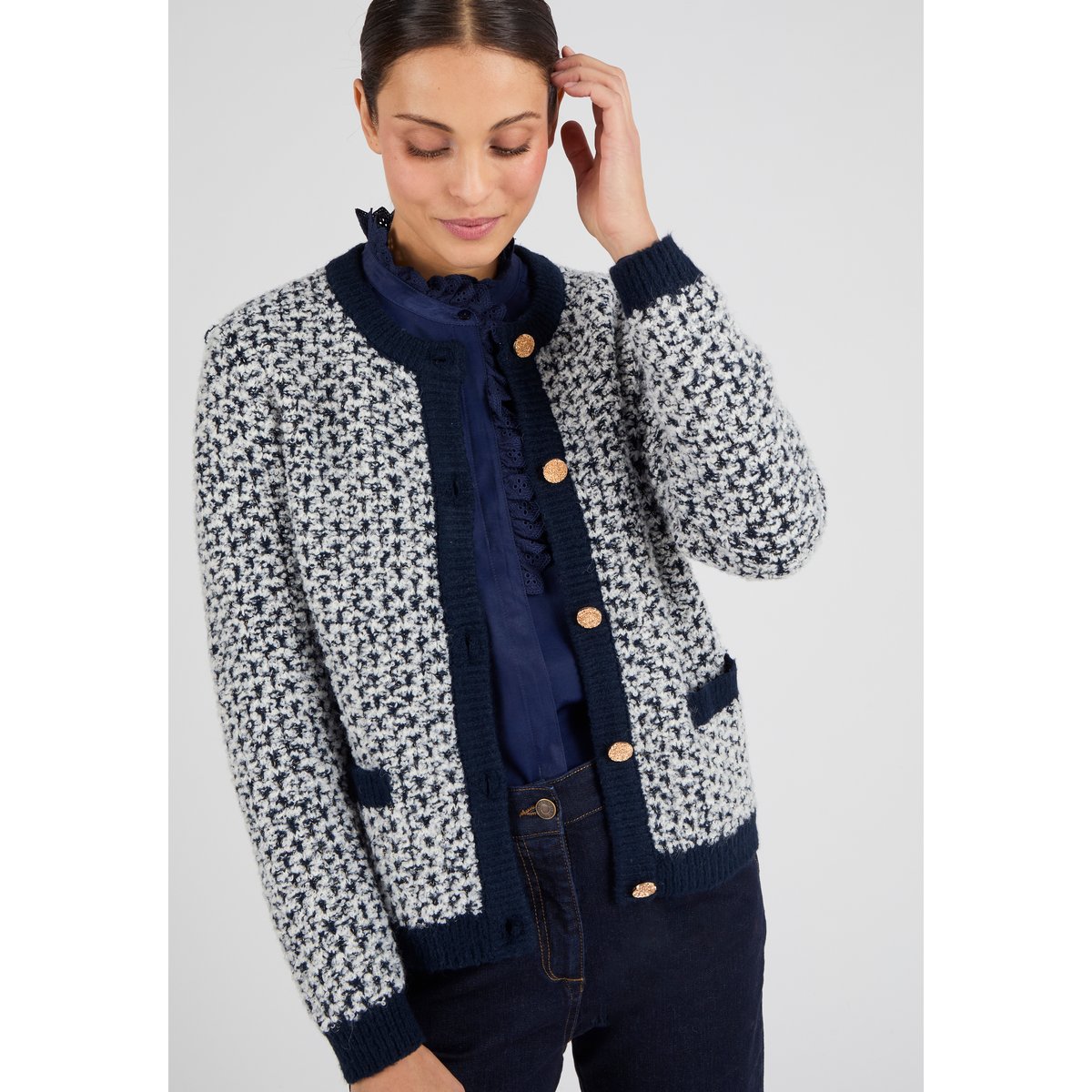 Cardigan maille jacquard bleu marine, DAMART
