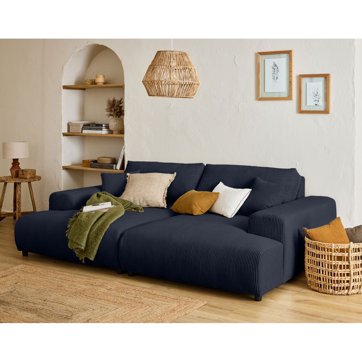 Canapé droit 4 places double méridienne, GARANCE bleu nuit, BEST MOBILIER