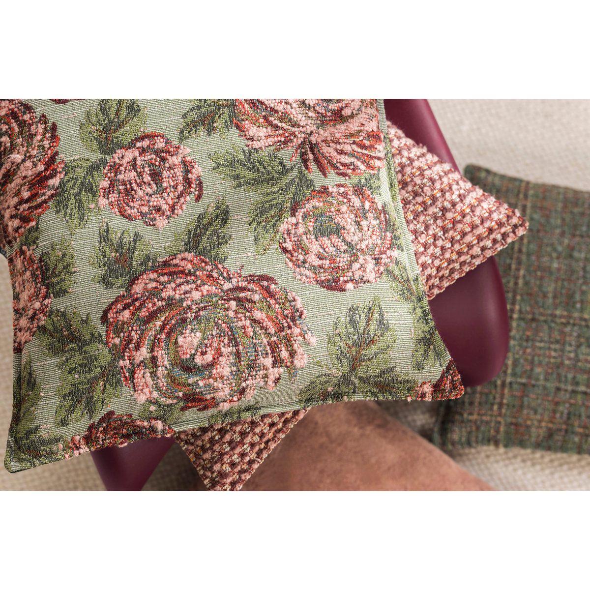 Housse de coussin jacquard chiné ELLA vert et multicolore chiné, MAGMA HEIMTEX
