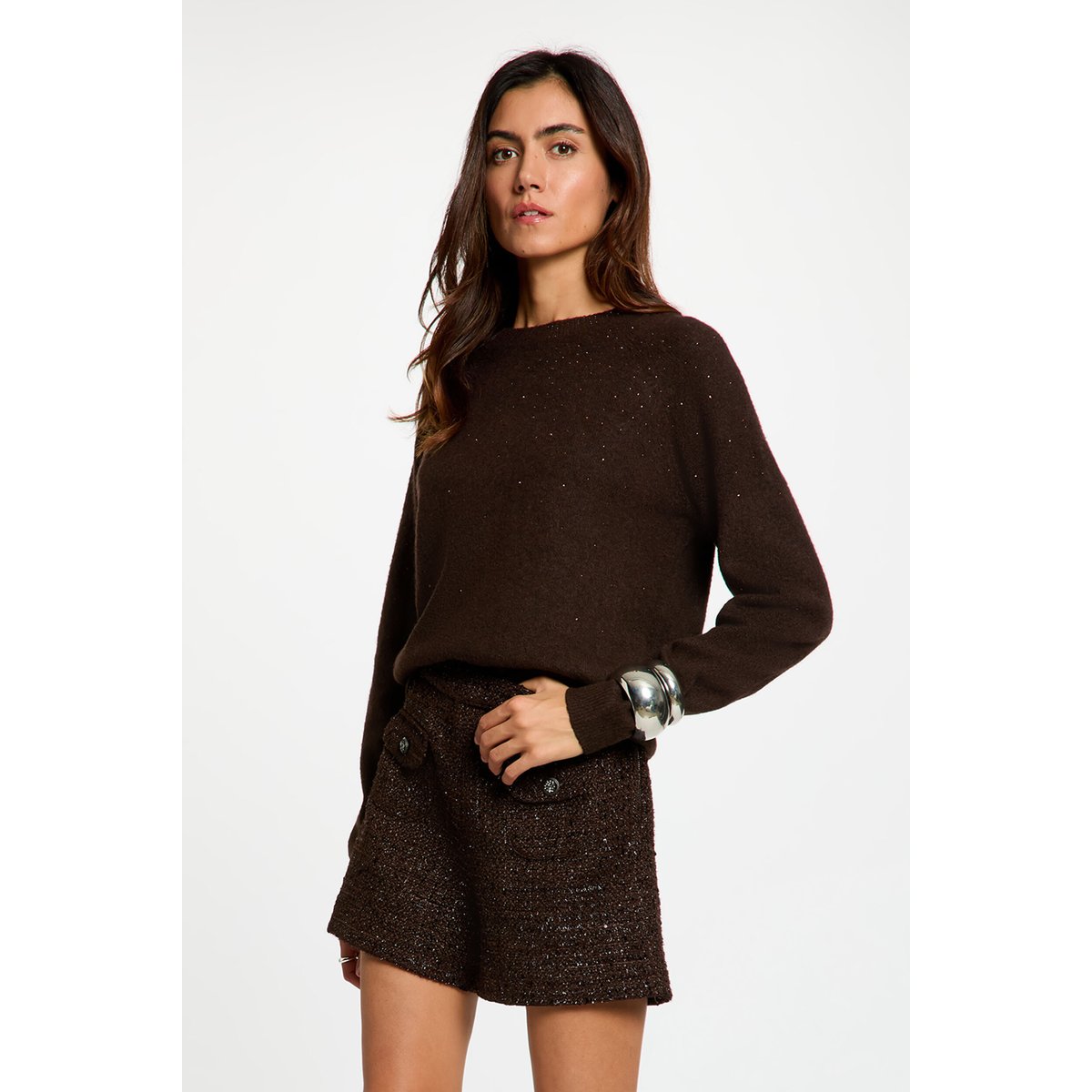 Short tweed taille haute marron foncé, MORGAN
