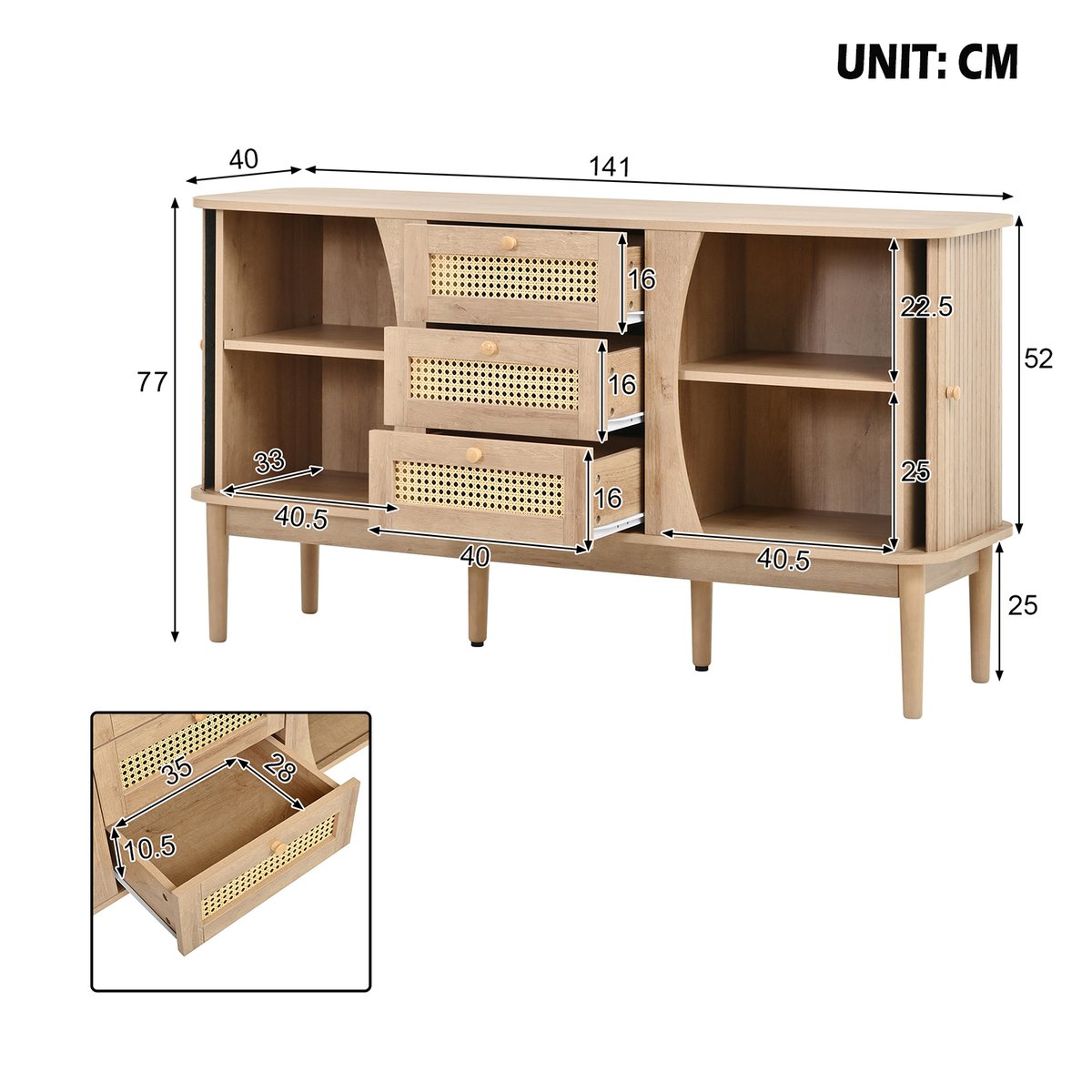 Armoire de rangement avec 2 portes 4 couches et 3 tiroirs ovale style scandinave, KIMIA Armoire chêne, MEUBLES COSY