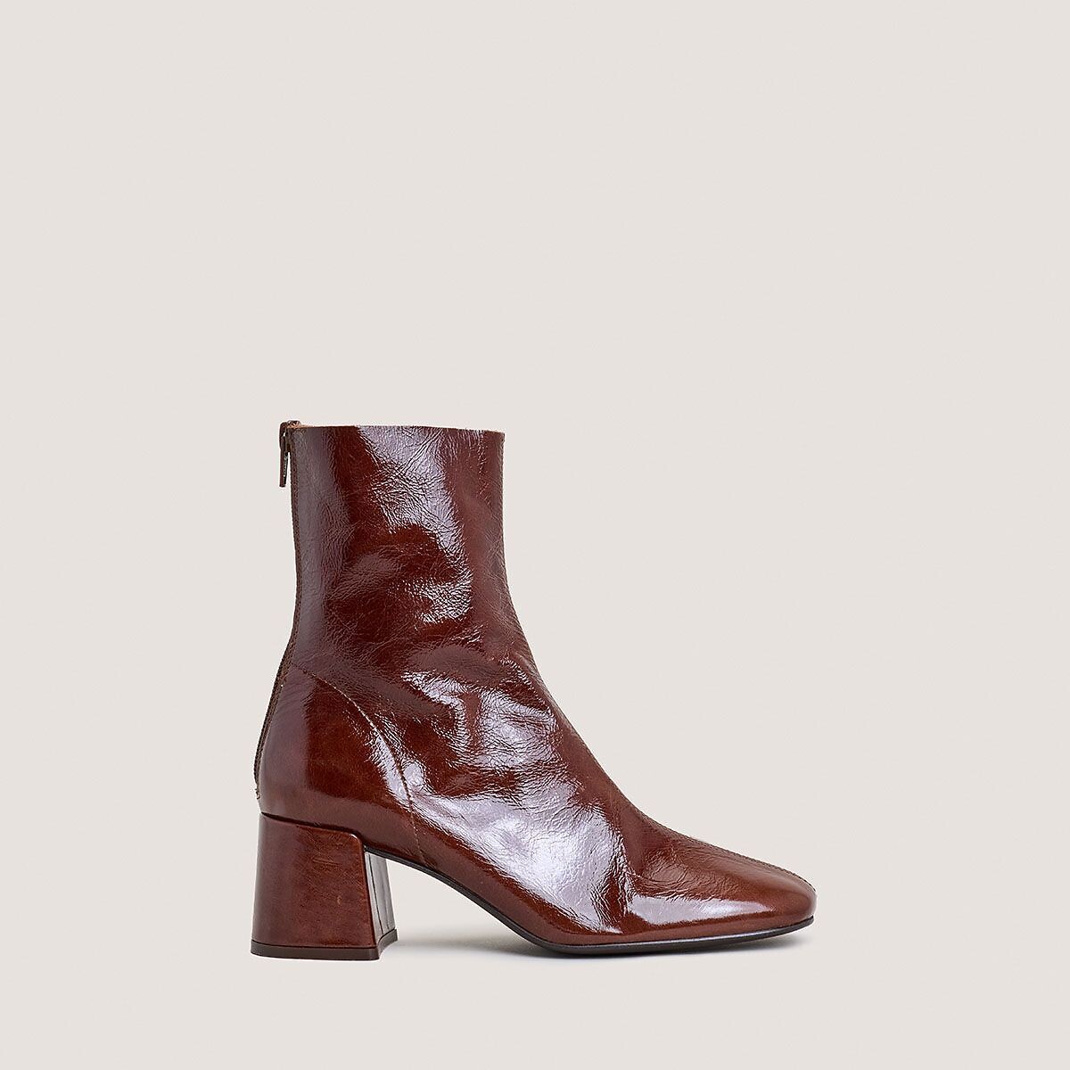 Denonie heeled high-shine leather ankle boots brown, JONAK