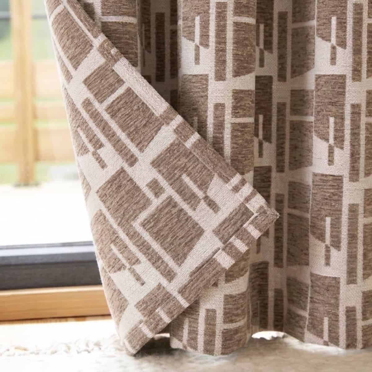 Rideau velours jacquard motifs géométriques 140x240cm beige, ORNAMI