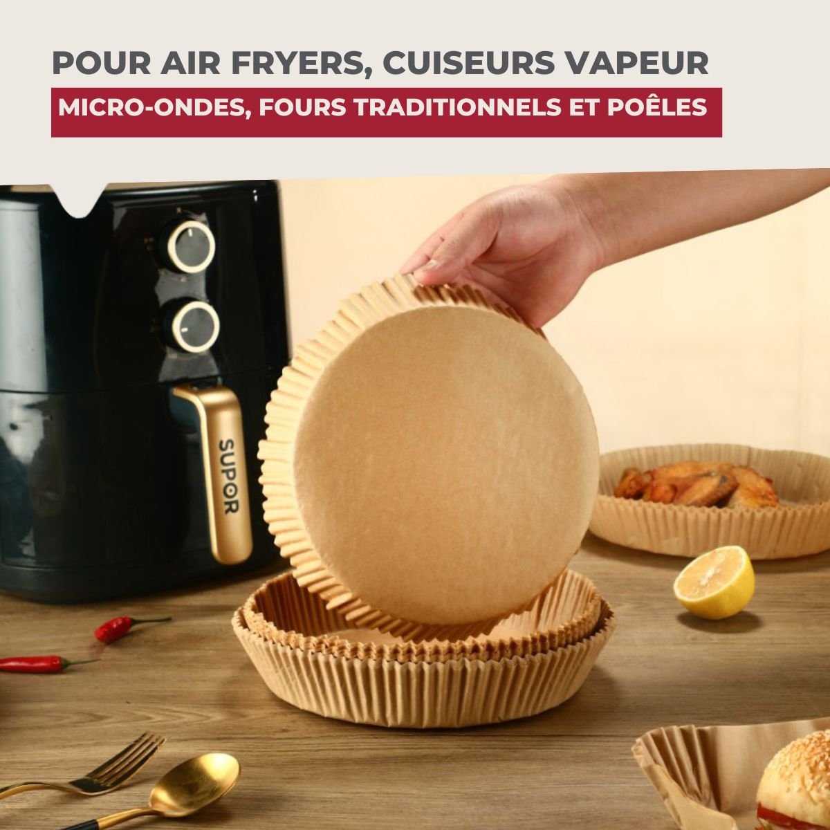 50 Moules en papier air fryer ronds 20 cm brun, FACKELMANN