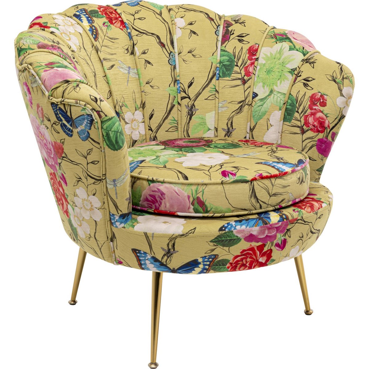 Fauteuil imprimé fleurs et papillons, FLOWER FEVER jaune, KARE DESIGN