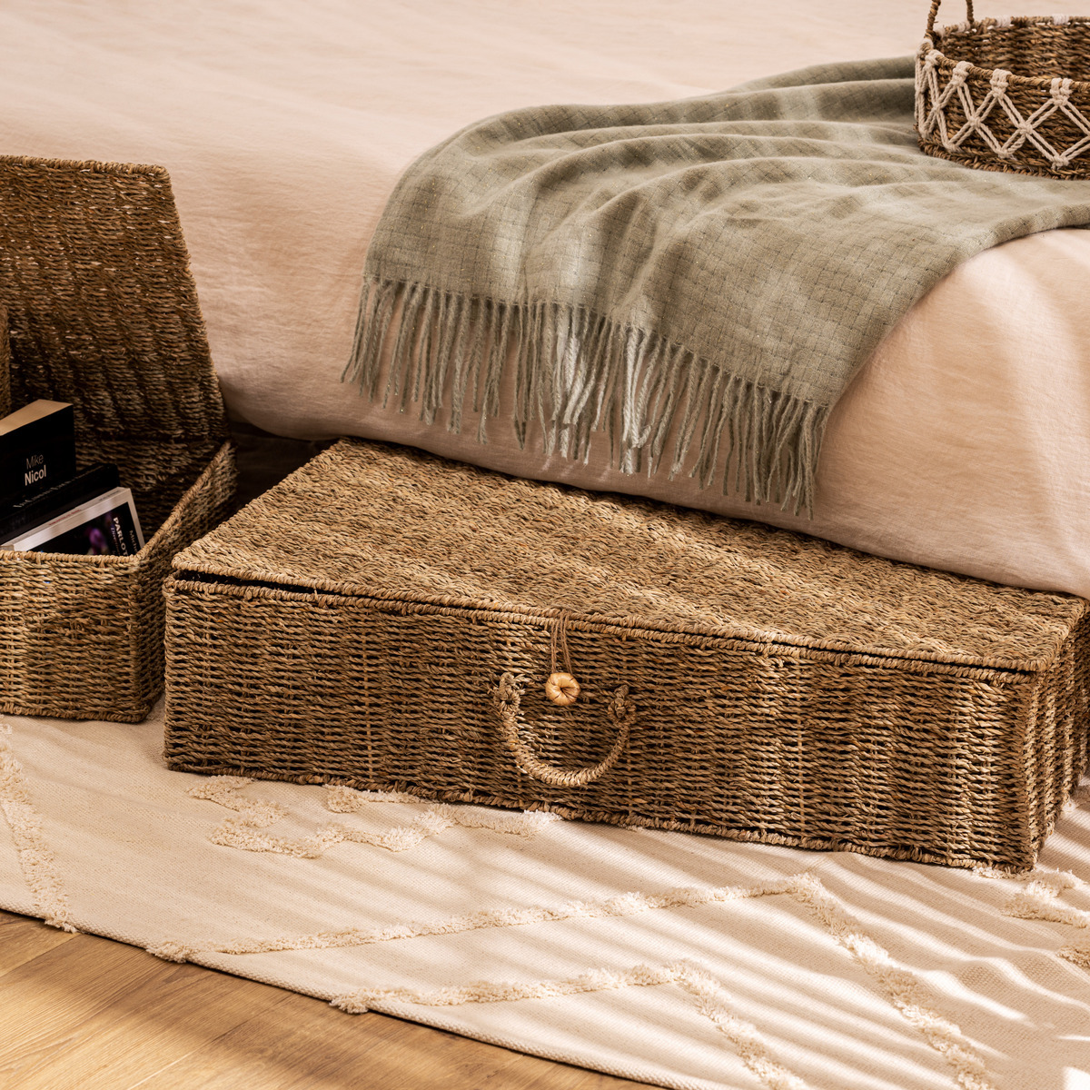 Lot de 2 paniers XL en paille tressée à poignées CORA beige, ATMOSPHERA