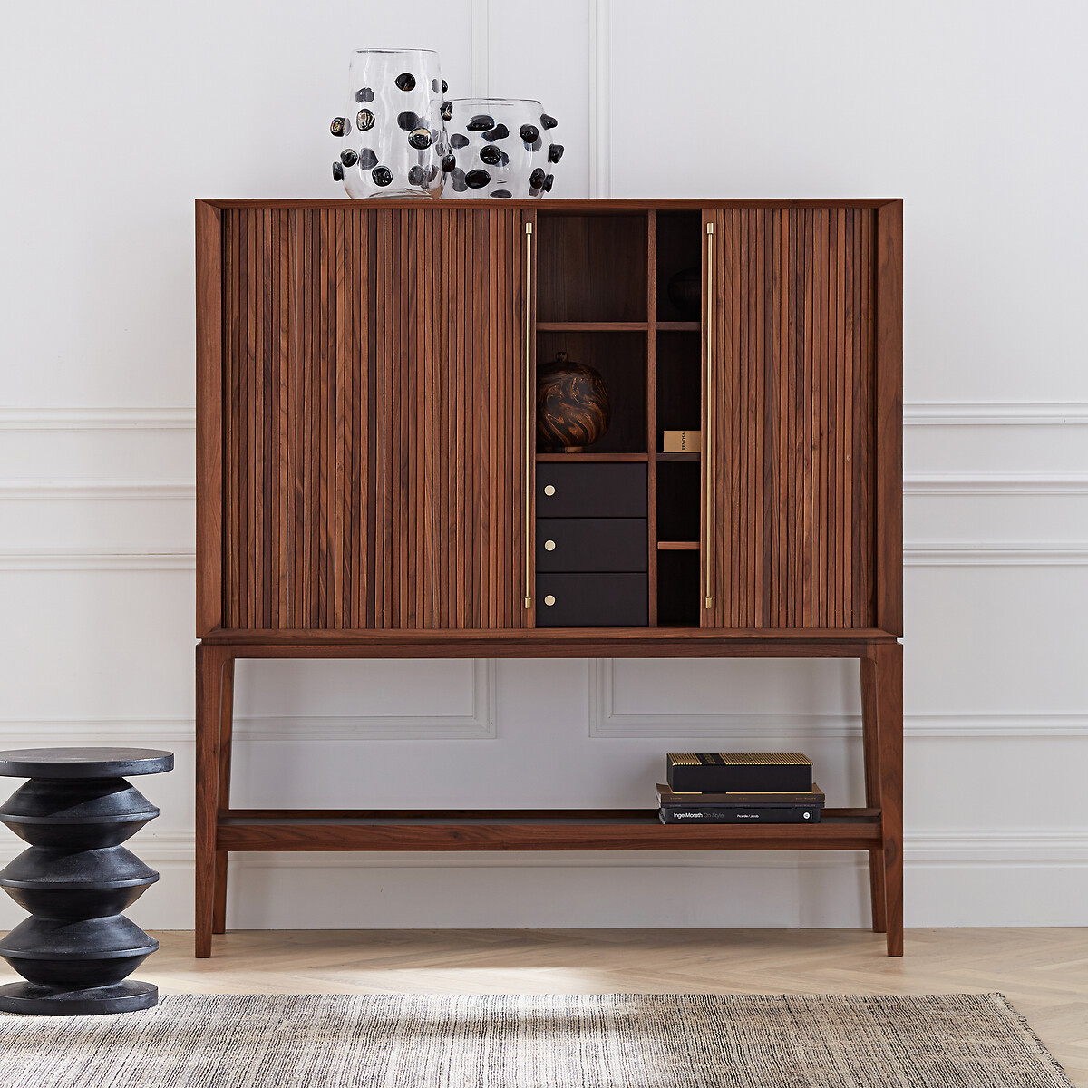 Buffet haut/bar en plaqué noyer et cuir, Liamca noyer, AM.PM