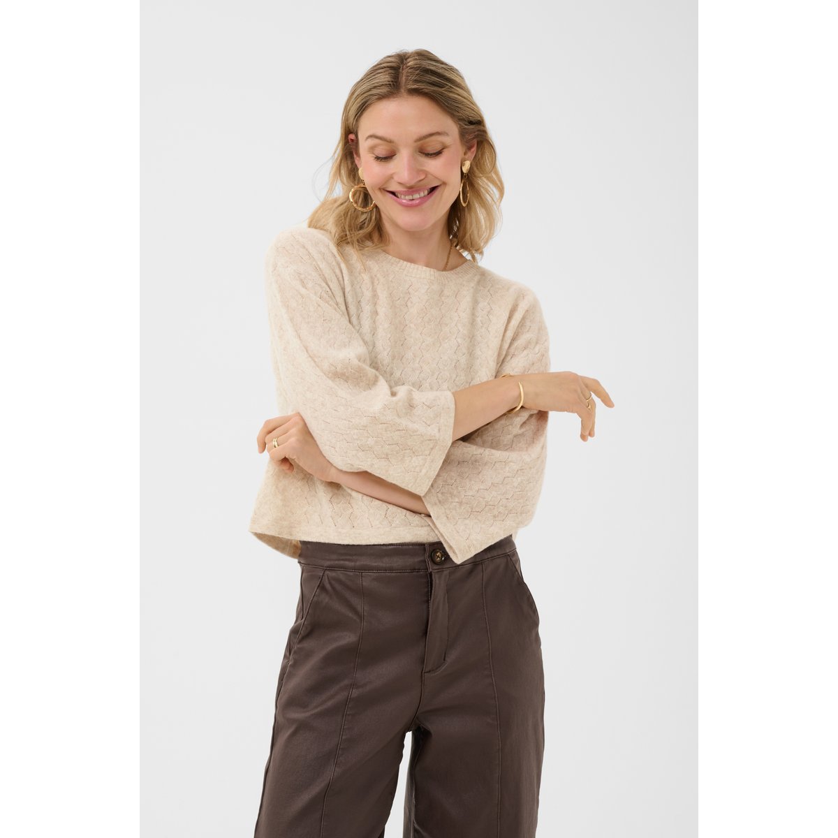 Pullover tricoté beige oat melange, CREAM