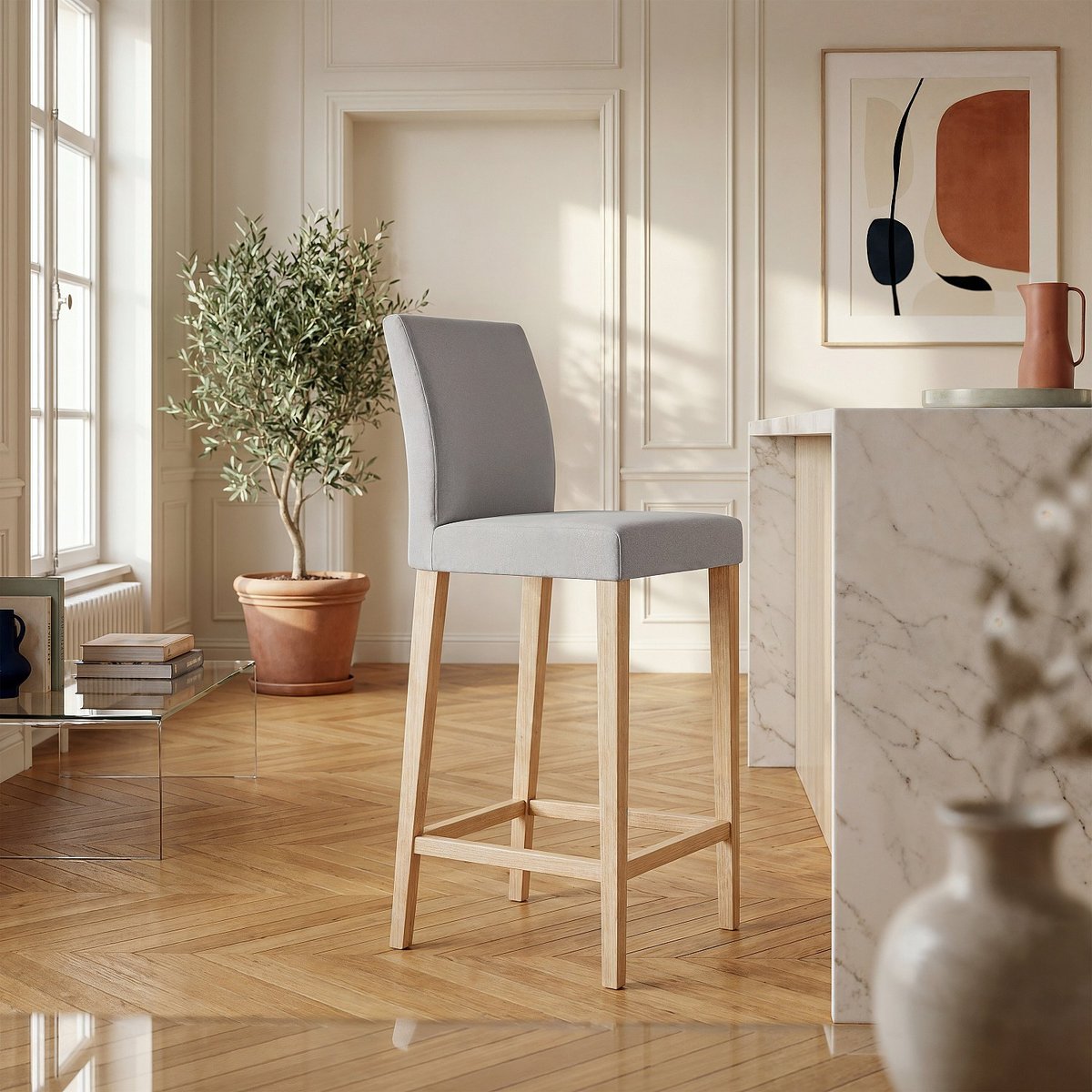 Chaise haute de bar en tissu ELEONORA gris, HABITAT