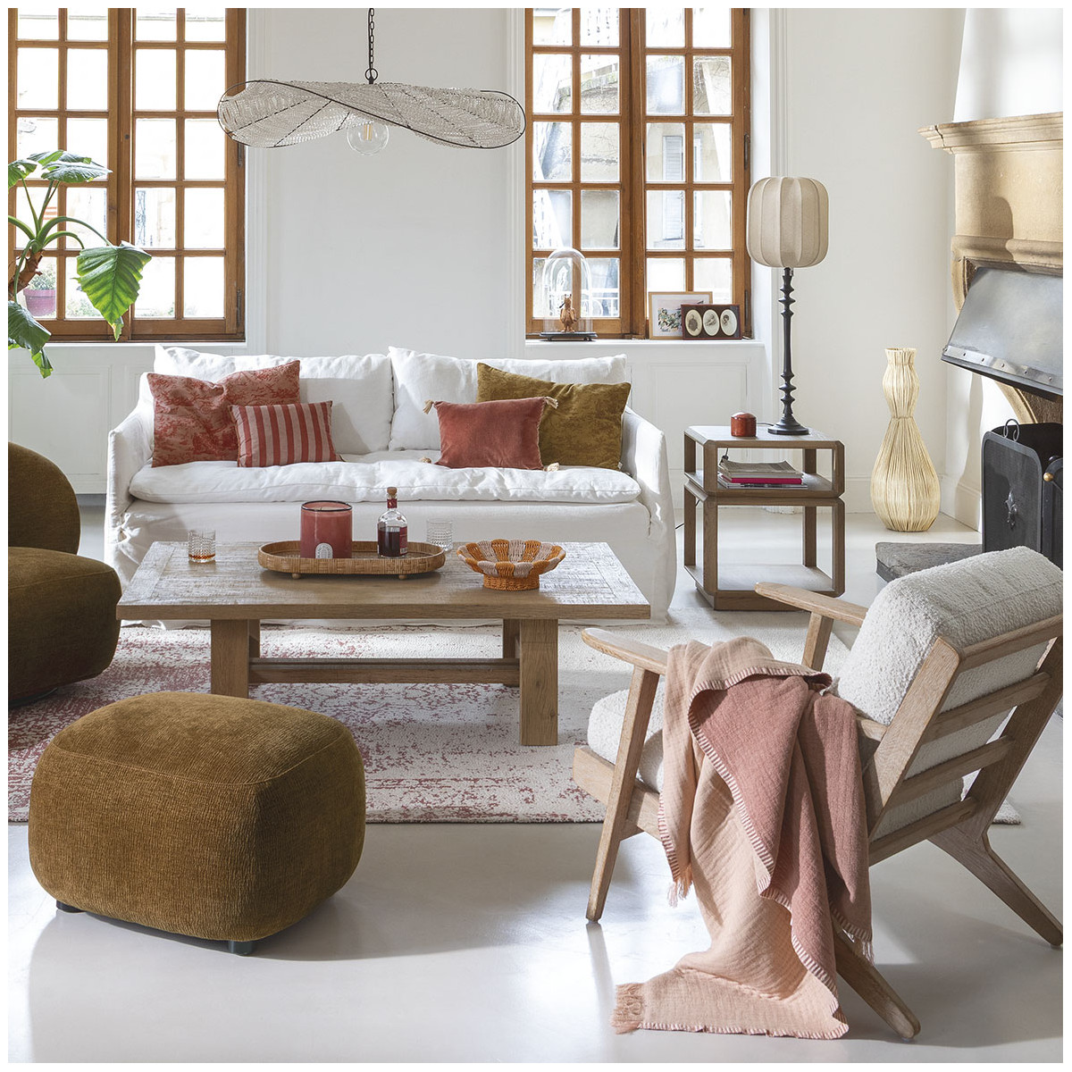 Pouf LISETTE velours marbré tabac, BLANC D’IVOIRE