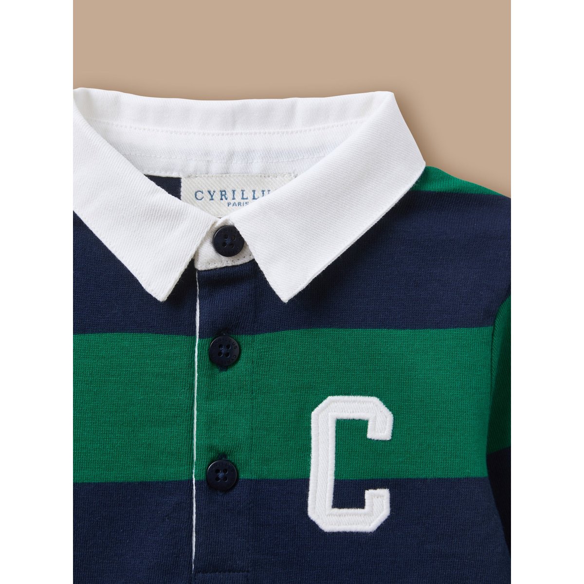Polo rubgy - coton biologique rayure marine/vert, CYRILLUS