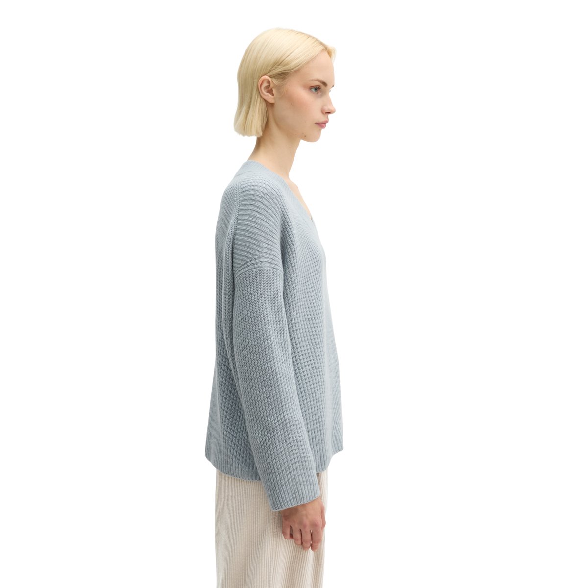 Pull en maille à col en V, coupe ample en mélange de laine vierge douce gris, MARC O'POLO