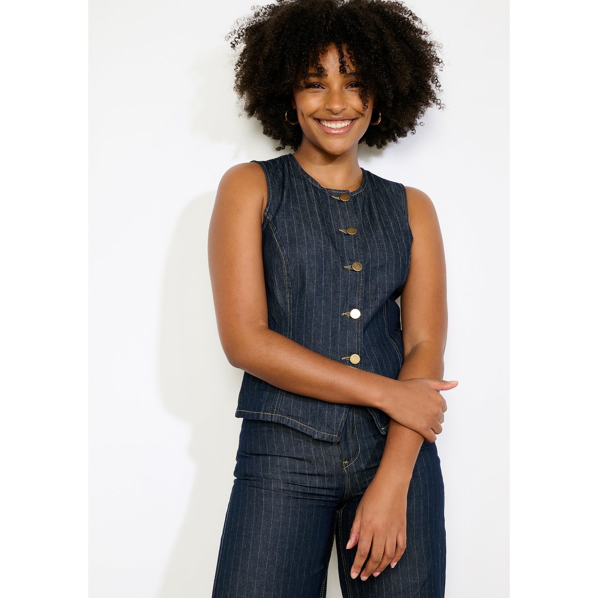 Gilet en denim à rayures fines dark blue, LOLALIZA