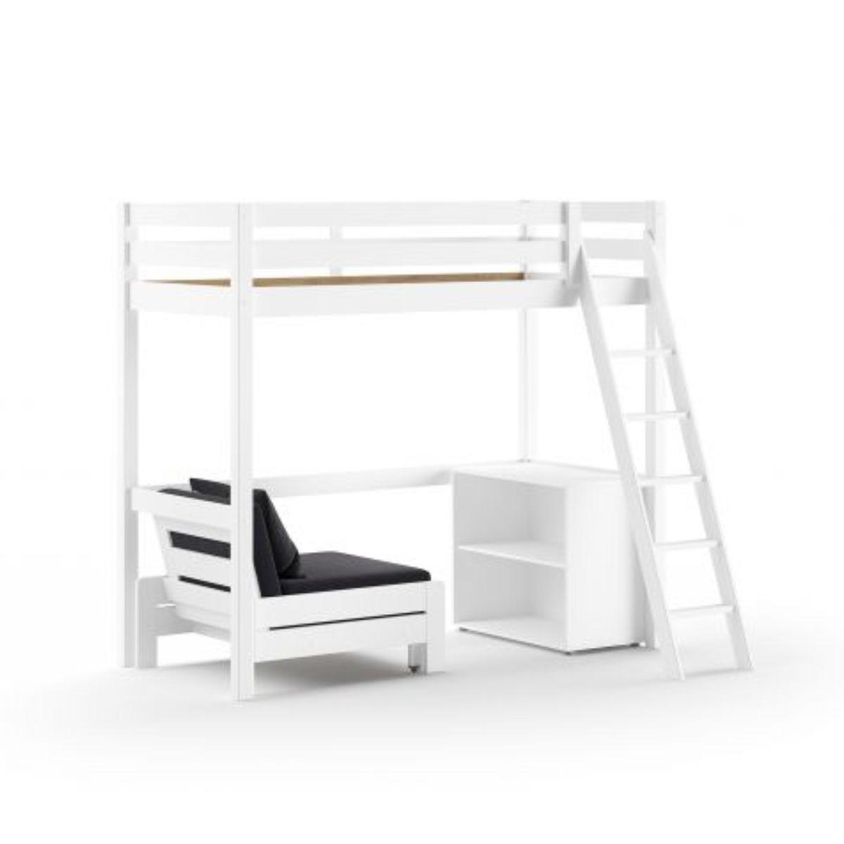 Lit haut avec fauteuil et bibliothèque blanc couleur unique, VIPACK