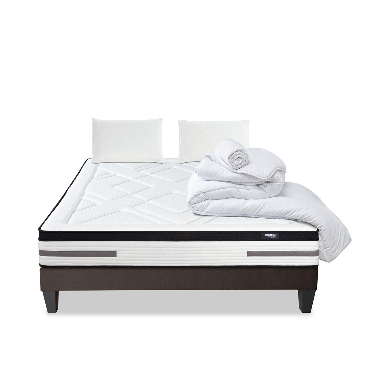 Pack Bellevue 90x200 cm Matelas Ressorts ensachés + Sommier Bois + Accessoires blanc, BELLECOUR