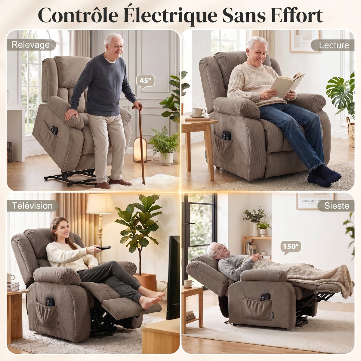 Fauteuil releveur multifonctionnel Velours marron clair, HOMCOM