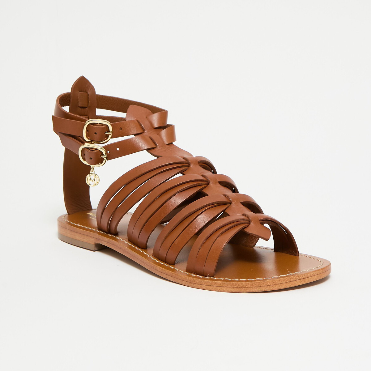 Cabriole Leather Flat Sandals with Straps camel, PETITE MENDIGOTE