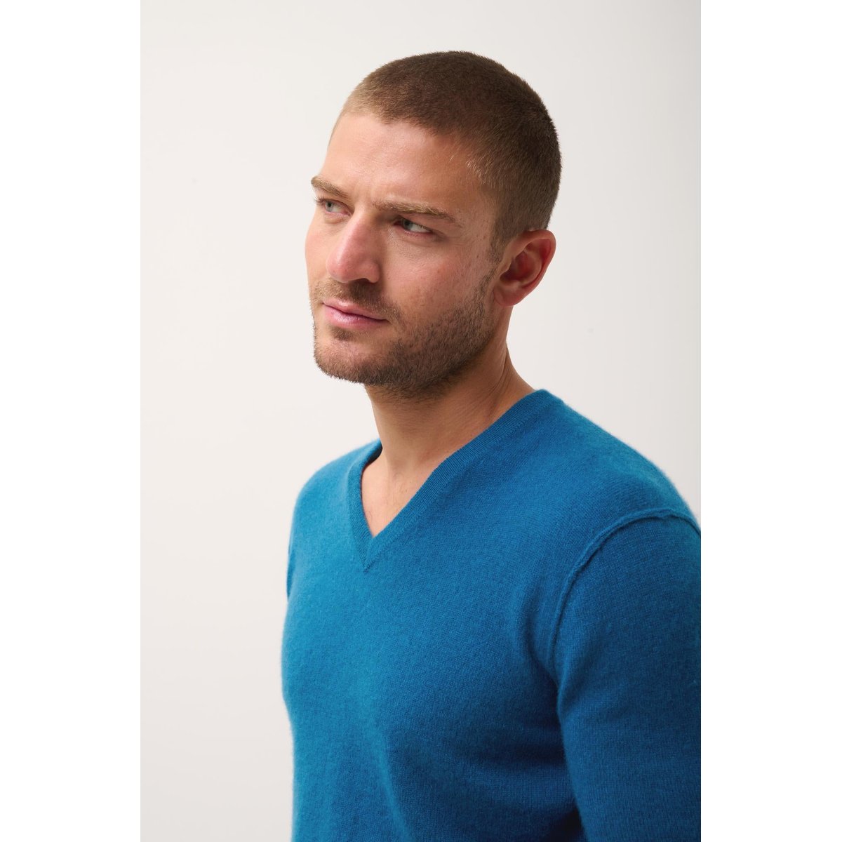 Pull Col V Paon Tom bleu vert, JUST CASHMERE